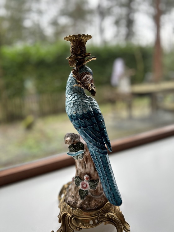 Image 1 of Bronze porcelain candlestick parrot