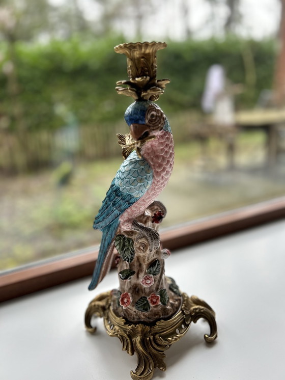 Image 1 of Bronze porcelain candlestick parrot