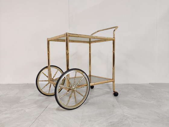 Image 1 of Brass faux bamboo drinks  trolley, 1970s