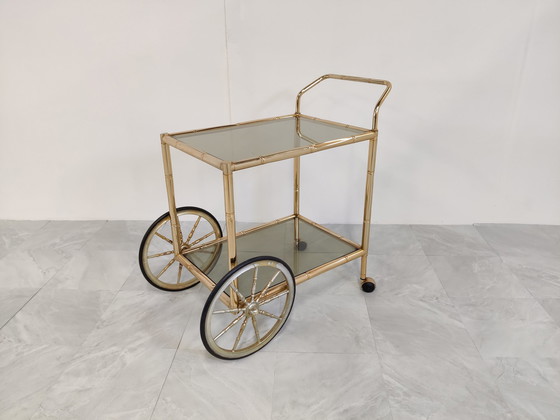 Image 1 of Brass faux bamboo drinks  trolley, 1970s