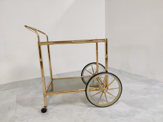 Image 1 of Brass faux bamboo drinks  trolley, 1970s