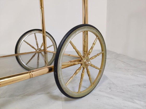 Image 1 of Brass faux bamboo drinks  trolley, 1970s