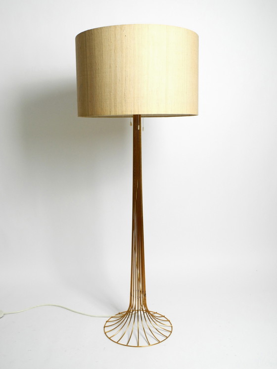 Image 1 of Very rare original 1960s large metal wire floor lamp with wild silk shade - height adjustable and anodized in gold