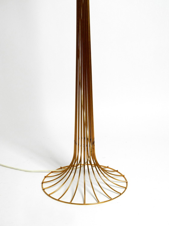 Image 1 of Very rare original 1960s large metal wire floor lamp with wild silk shade - height adjustable and anodized in gold