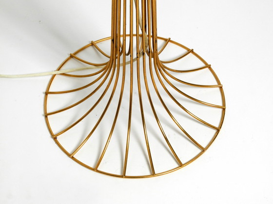 Image 1 of Very rare original 1960s large metal wire floor lamp with wild silk shade - height adjustable and anodized in gold