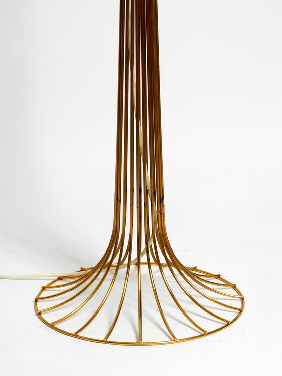 Image 1 of Very rare original 1960s large metal wire floor lamp with wild silk shade - height adjustable and anodized in gold