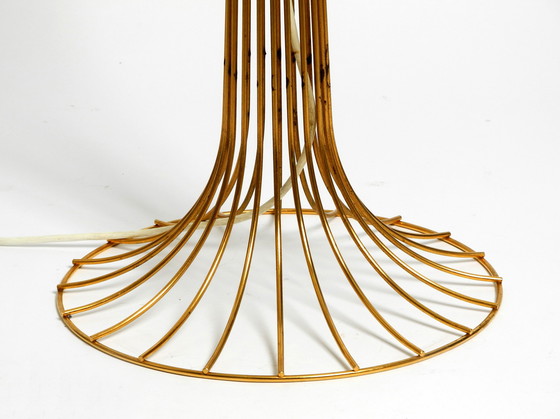 Image 1 of Very rare original 1960s large metal wire floor lamp with wild silk shade - height adjustable and anodized in gold