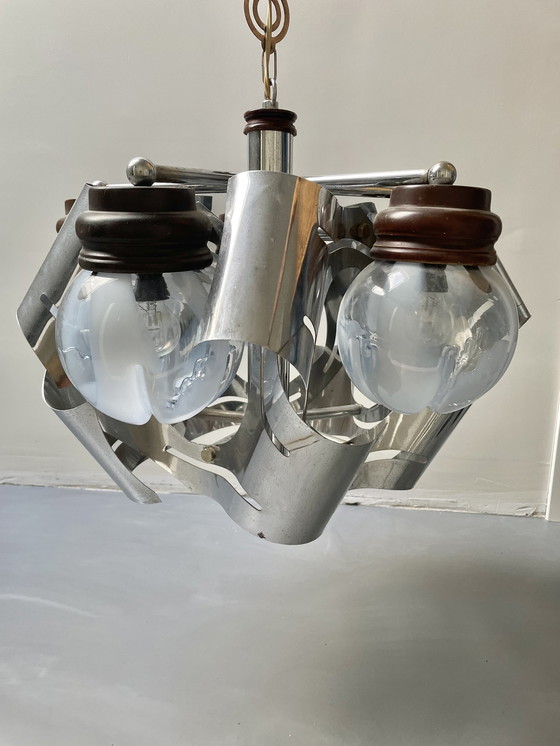 Image 1 of Lampada a sospensione vintage cromata e vetro