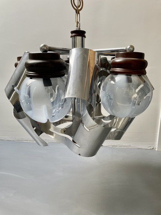 Image 1 of Lampada a sospensione vintage cromata e vetro