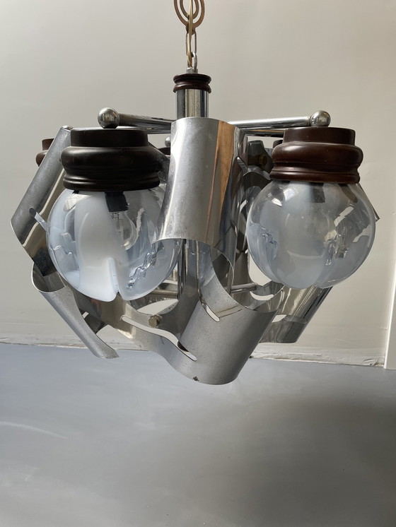 Image 1 of Lampada a sospensione vintage cromata e vetro