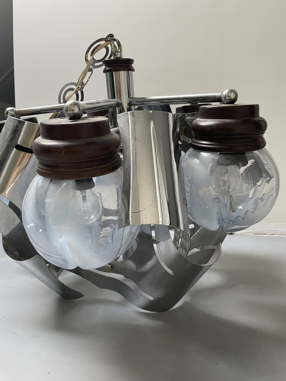 Image 1 of Lampada a sospensione vintage cromata e vetro