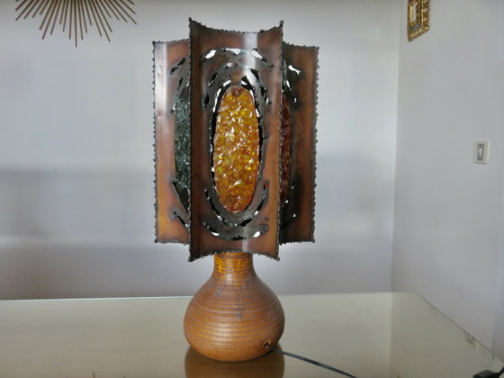 Image 1 of Grande Lampe Accolay Brutaliste, Pied En Céramique, Abat Jour En Métal Et Résine, 1960