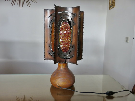Image 1 of Grande Lampe Accolay Brutaliste, Pied En Céramique, Abat Jour En Métal Et Résine, 1960