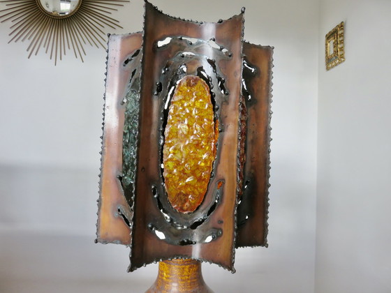 Image 1 of Grande Lampe Accolay Brutaliste, Pied En Céramique, Abat Jour En Métal Et Résine, 1960