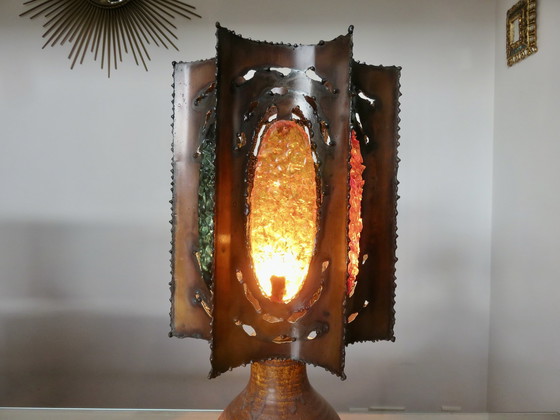 Image 1 of Grande Lampe Accolay Brutaliste, Pied En Céramique, Abat Jour En Métal Et Résine, 1960