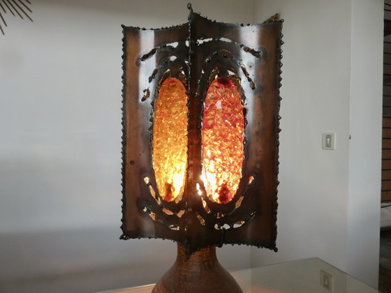 Image 1 of Grande Lampe Accolay Brutaliste, Pied En Céramique, Abat Jour En Métal Et Résine, 1960