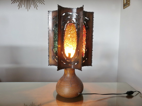 Image 1 of Grande Lampe Accolay Brutaliste, Pied En Céramique, Abat Jour En Métal Et Résine, 1960