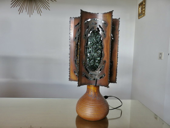Image 1 of Grande Lampe Accolay Brutaliste, Pied En Céramique, Abat Jour En Métal Et Résine, 1960