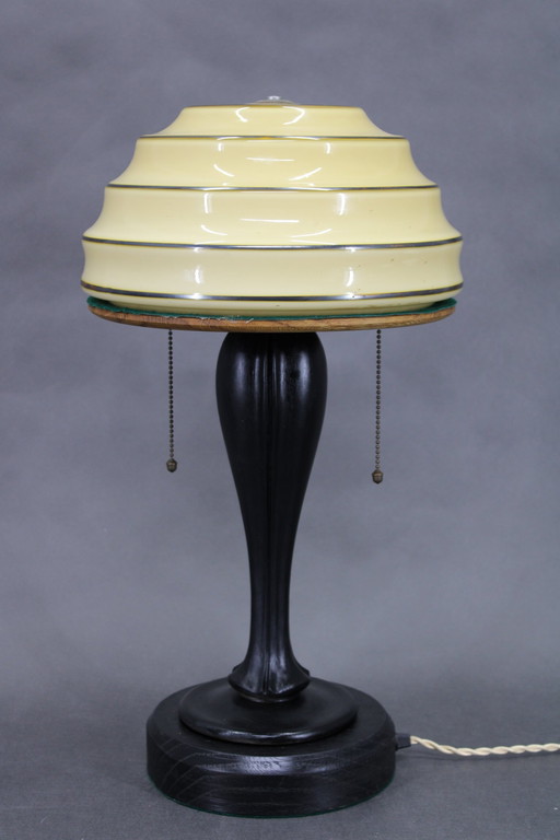 Lampe de table en bois restaurée 1930S Abat-jour en verre