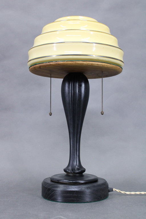 Lampe de table en bois restaurée 1930S Abat-jour en verre