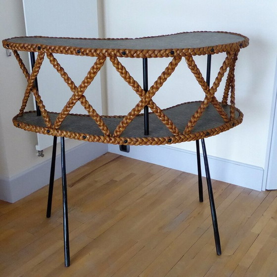 Image 1 of Bar avec 2 plateaux en tresse de coco vintage et pieds compas en métal noir, 1950