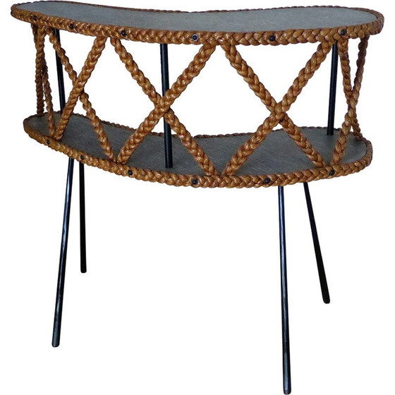Image 1 of Bar avec 2 plateaux en tresse de coco vintage et pieds compas en métal noir, 1950