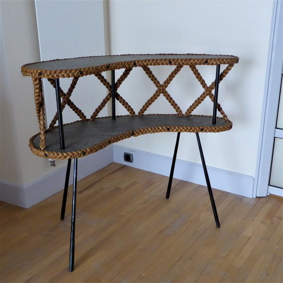 Image 1 of Bar avec 2 plateaux en tresse de coco vintage et pieds compas en métal noir, 1950