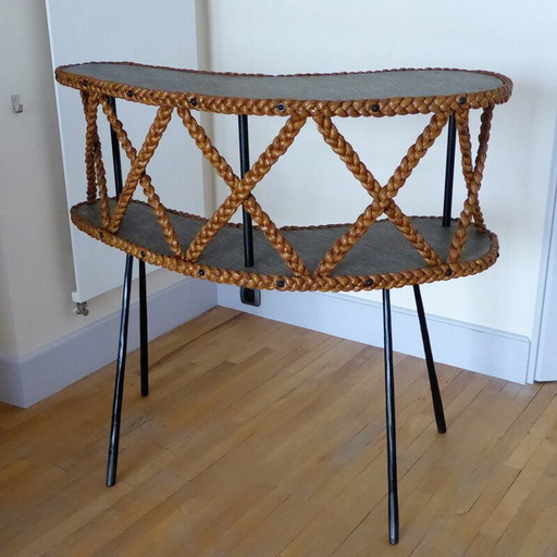 Bar avec 2 plateaux en tresse de coco vintage et pieds compas en métal noir, 1950