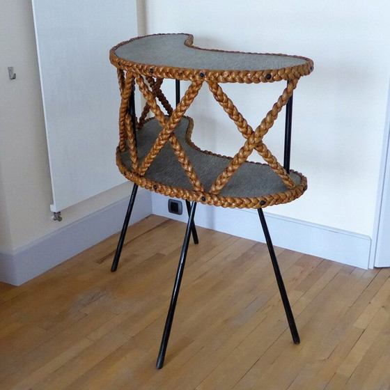 Image 1 of Bar avec 2 plateaux en tresse de coco vintage et pieds compas en métal noir, 1950