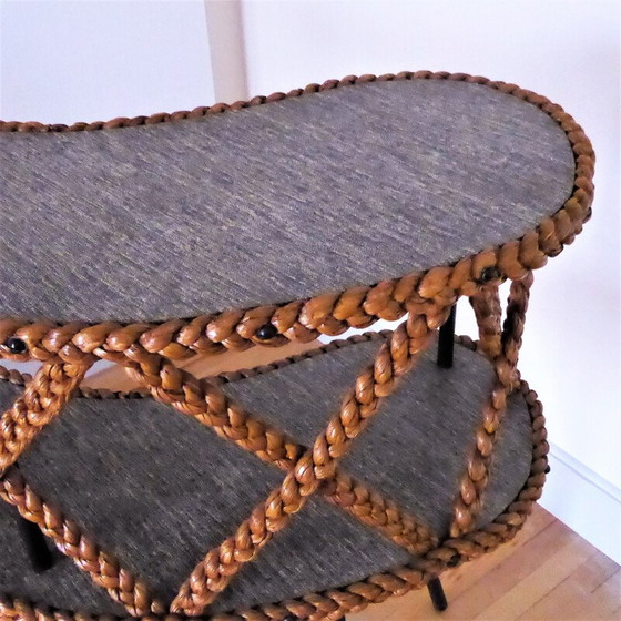 Image 1 of Bar avec 2 plateaux en tresse de coco vintage et pieds compas en métal noir, 1950