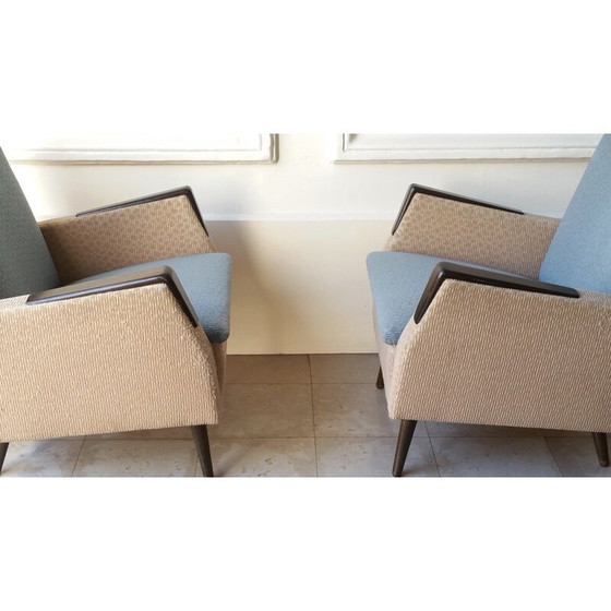 Image 1 of Paire de fauteuils en bois et tissu du milieu du siècle dernier - années 1950