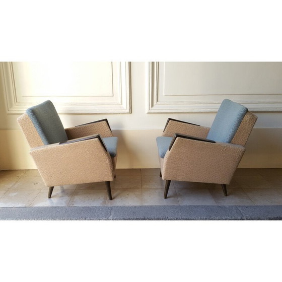 Image 1 of Paire de fauteuils en bois et tissu du milieu du siècle dernier - années 1950