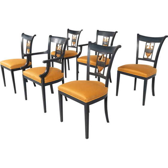 Image 1 of Ensemble de 6 chaises vintage noir et or