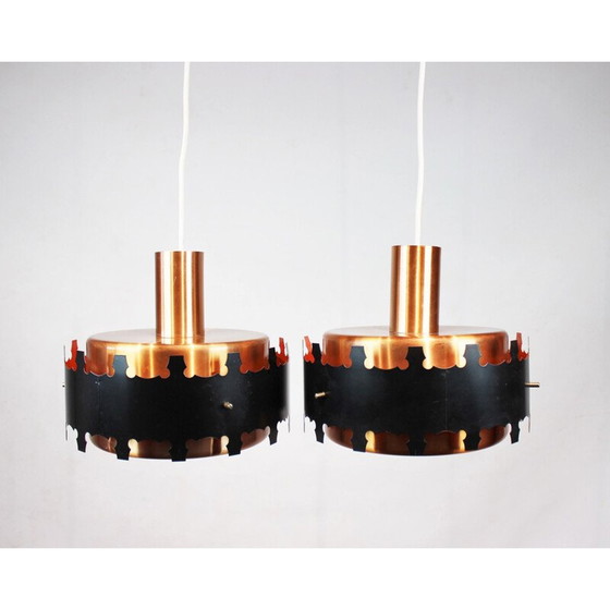 Image 1 of Paire de lampes suspendues vintage en cuivre et métal noir, Danemark 1970