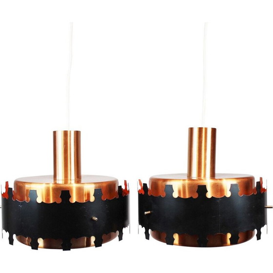 Image 1 of Paire de lampes suspendues vintage en cuivre et métal noir, Danemark 1970