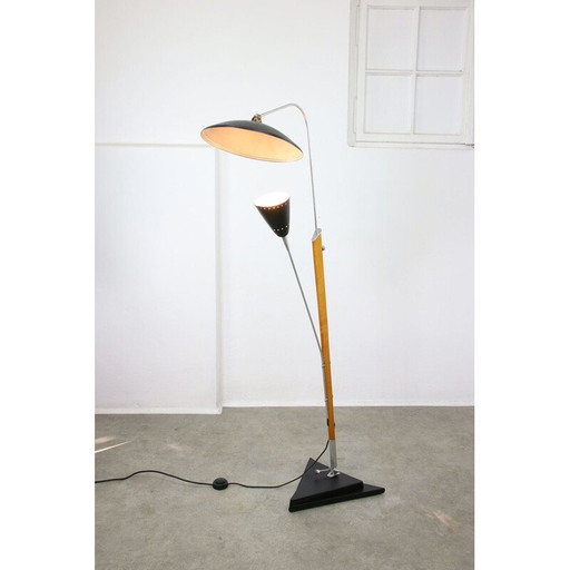 Lampadaire vintage en aluminium et bois avec réflecteur, Italie