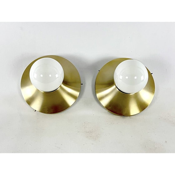 Image 1 of Paire d'appliques rondes vintage en aluminium doré par Stilux Milano