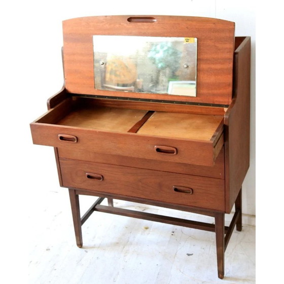 Image 1 of Table de toilette compacte et incurvée en teck du Mid Century avec miroir extractible