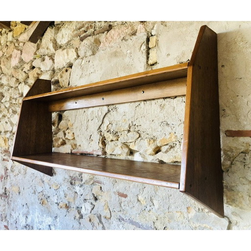 Etagère murale vintage en bois à 2 niveaux, 1970