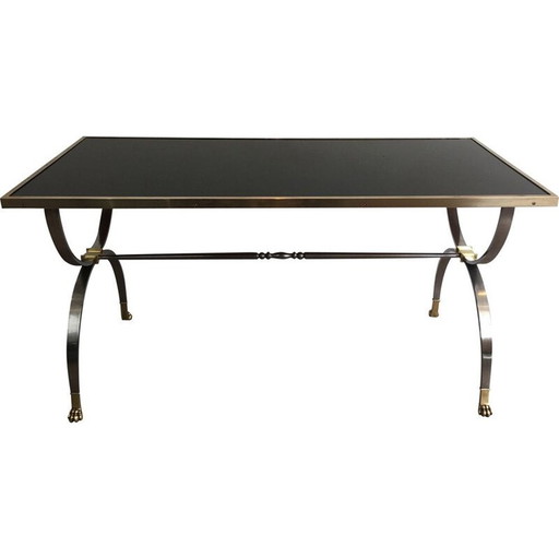 Table basse néoclassique vintage, acier brossé, France 1940