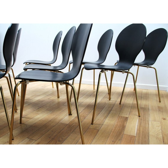 Image 1 of Ensemble de 8 chaises de salle à manger vintage en métal doré et bois noir