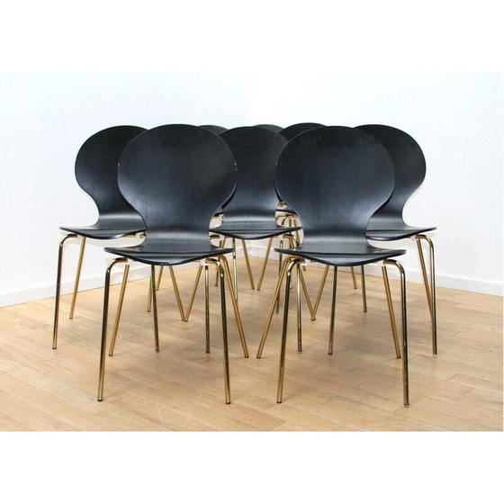 Image 1 of Ensemble de 8 chaises de salle à manger vintage en métal doré et bois noir
