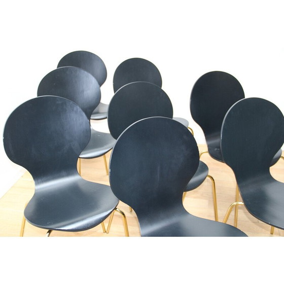 Image 1 of Ensemble de 8 chaises de salle à manger vintage en métal doré et bois noir
