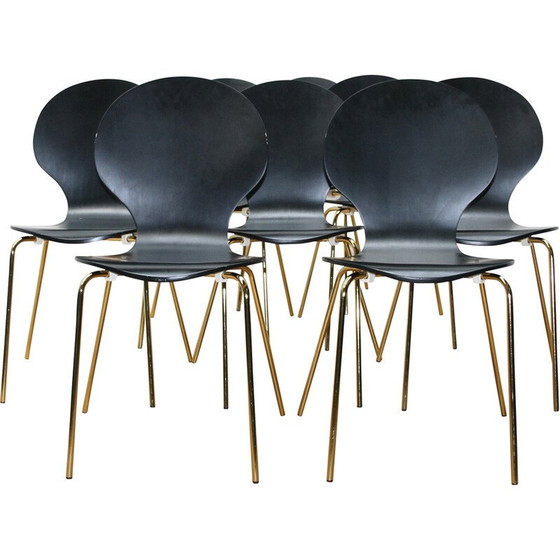 Image 1 of Ensemble de 8 chaises de salle à manger vintage en métal doré et bois noir