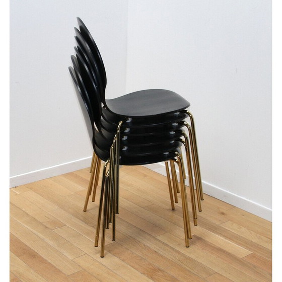 Image 1 of Ensemble de 8 chaises de salle à manger vintage en métal doré et bois noir