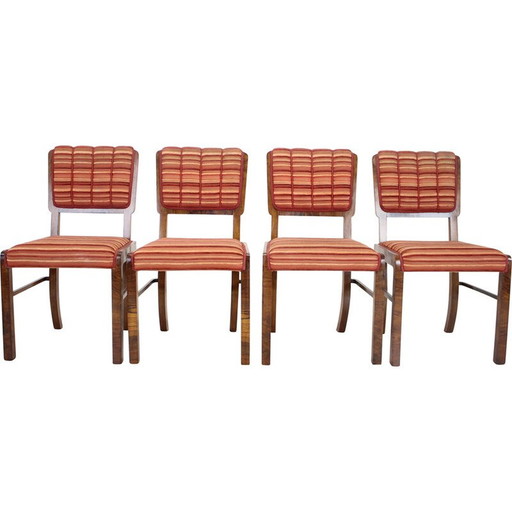 Ensemble de 4 chaises de salle à manger Art déco vintage en noyer, placage et tissu, Tchécoslovaquie, années 1930