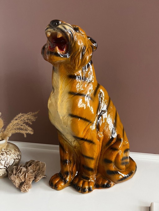 Statue Tigre 50Cm Haut Peint Composite