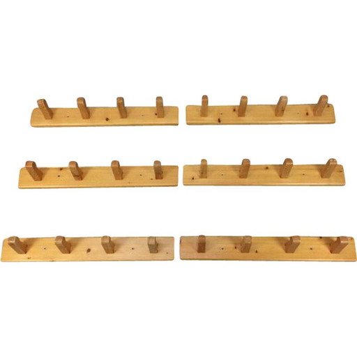 Paire de porte-manteaux muraux vintage en pin avec 4 crochets