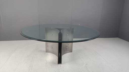 Énorme table de salle à manger ronde à piédestal en acier et verre, 1970S