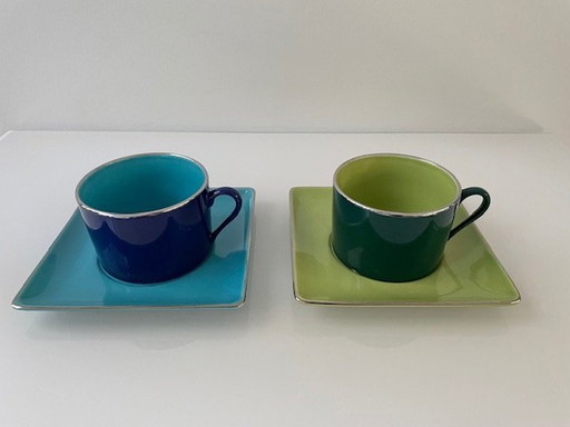 2 Tasses et soucoupes colorées - Yves Deshoulières Aplico Limoges